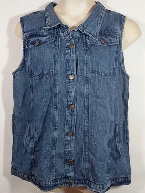 Skyline Collection Cotton Denim Button Down Sleeveless Jean Vest Blue LG
